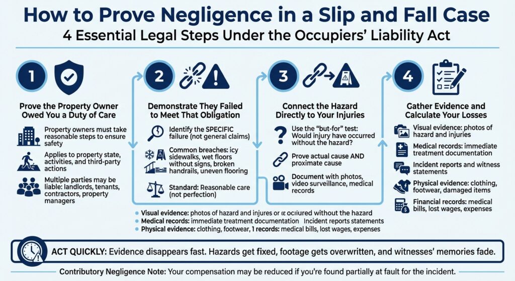 Occupiers' Liability Act, Proving Negligence in Slip and Fall Cases